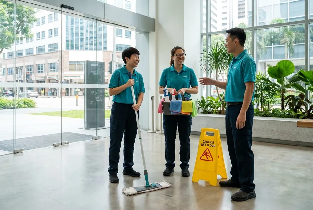 AIMS cleaning crew with their cart in a modern Singapore office lobby